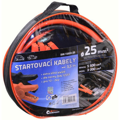 Startovací kabely 25, délka 3,5m, pro ben. motory do 5500cm3, naft. do 3000cm3